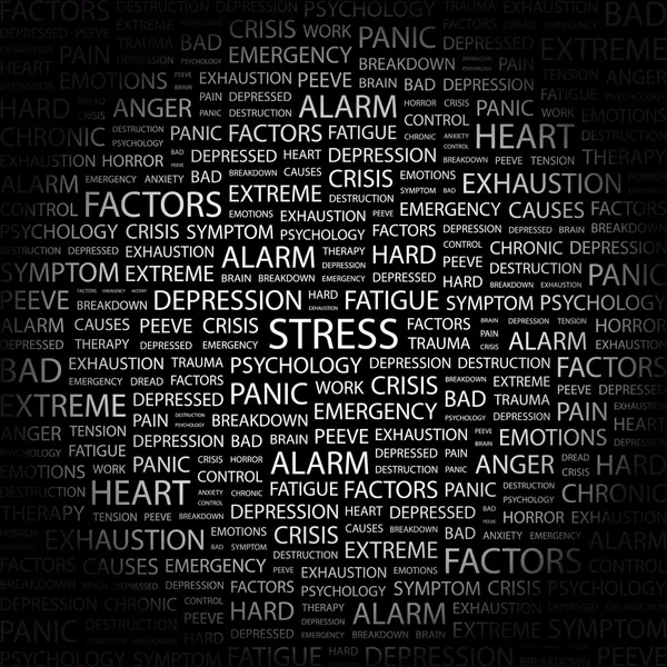 Estrés. collage palabra sobre fondo negro — Vector de stock