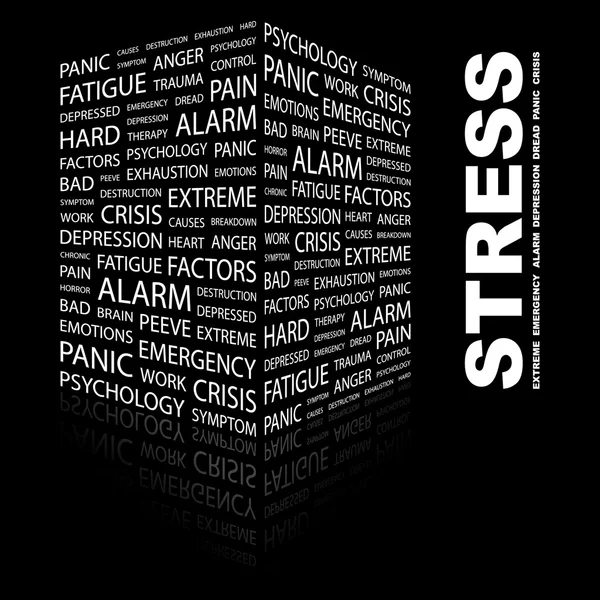 ストレス。黒の背景に単語のコラージュ — ストックベクタ