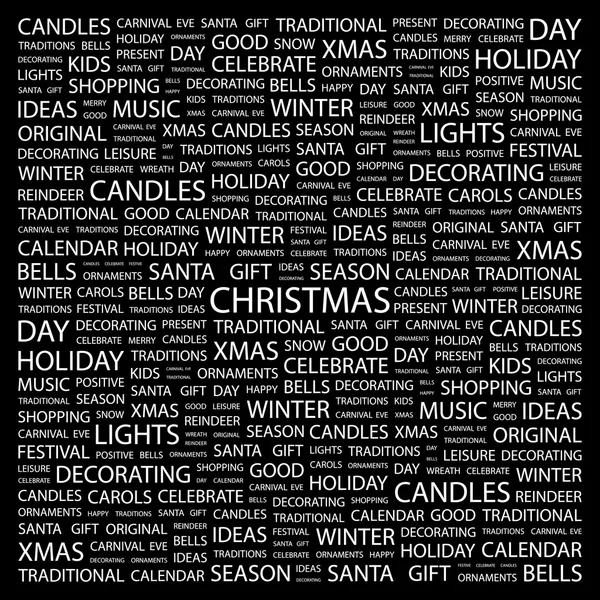 E 'Natale. Collage di parole su sfondo nero — Vettoriale Stock