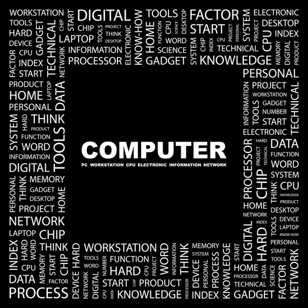 COMPUTER. Collage di parole su sfondo nero — Vettoriale Stock