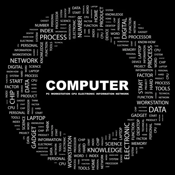 コンピューター。黒の背景に単語のコラージュ — ストックベクタ