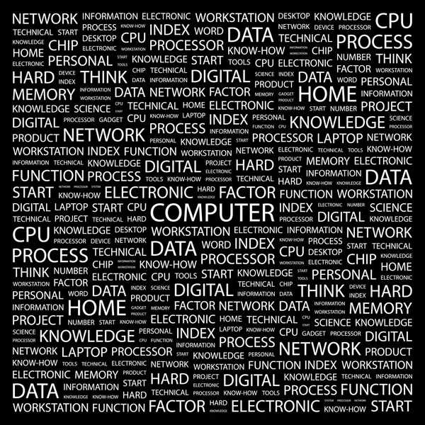 O computador. O computador. Colagem de palavras no fundo preto —  Vetores de Stock