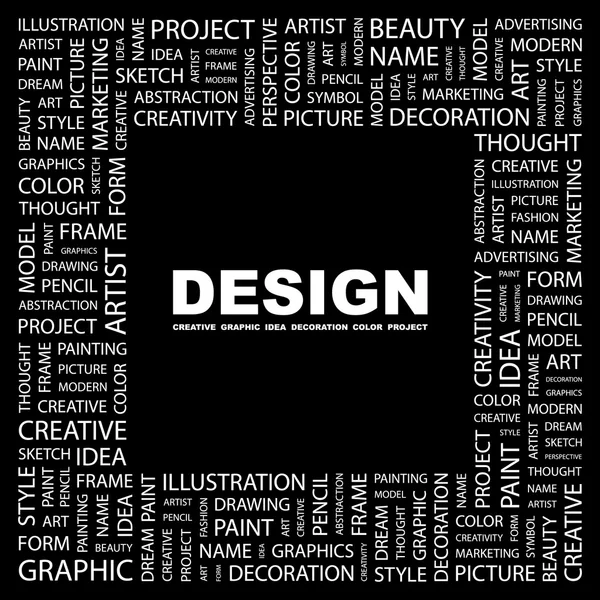 Design. slovo koláž na černém pozadí — Stockový vektor