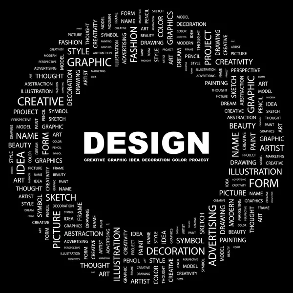 Design. slovo koláž na černém pozadí — Stockový vektor