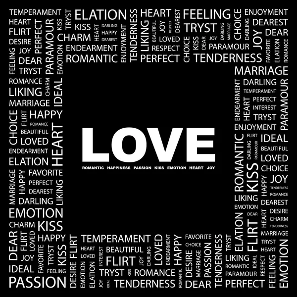 L'amore. Collage di parole su sfondo nero — Vettoriale Stock