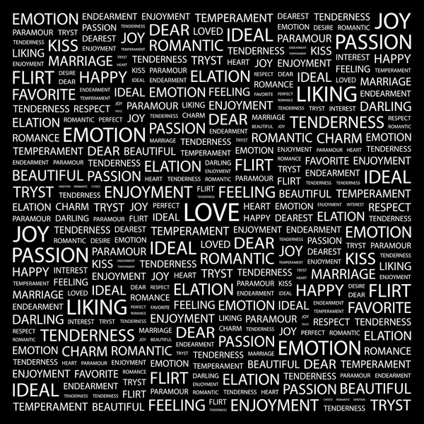 L'amore. Collage di parole su sfondo nero — Vettoriale Stock