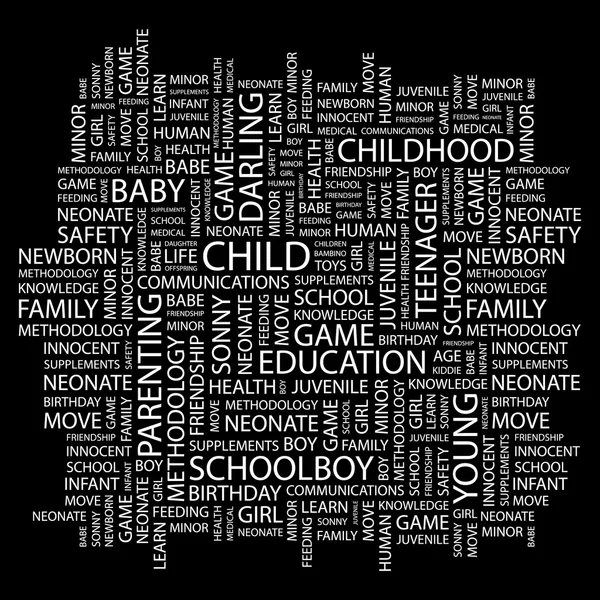 Παιδί. λέξη κολάζ σε μαύρο φόντο — Διανυσματικό Αρχείο