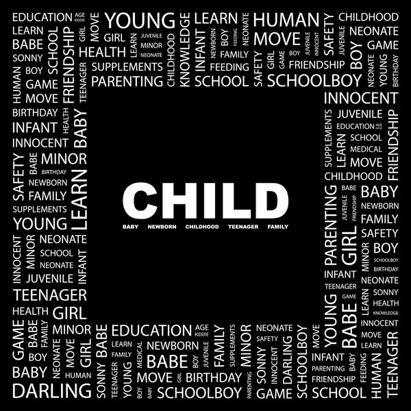Kind. Wortcollage auf schwarzem Hintergrund — Stockvektor