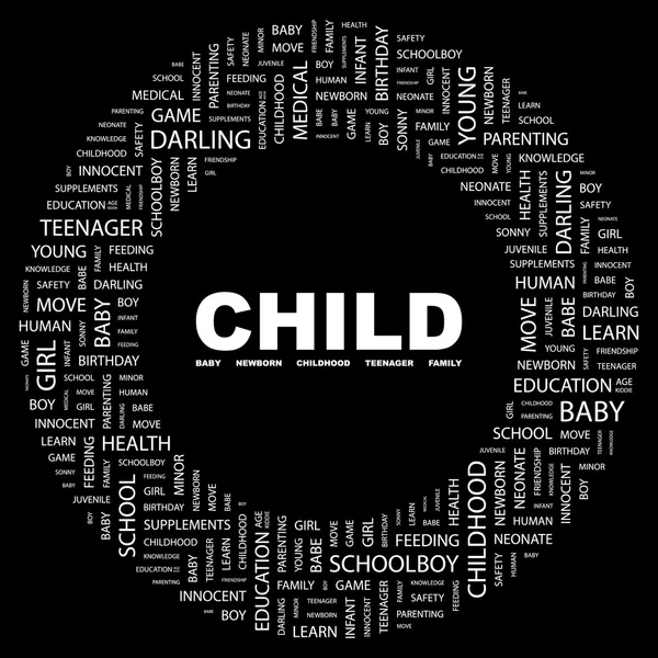 Παιδί. λέξη κολάζ σε μαύρο φόντο — Διανυσματικό Αρχείο