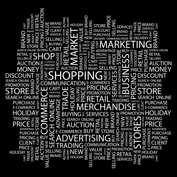 A fare shopping. Collage di parole su sfondo nero — Vettoriale Stock