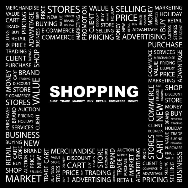 Einkaufen. Wortcollage auf schwarzem Hintergrund — Stockvektor