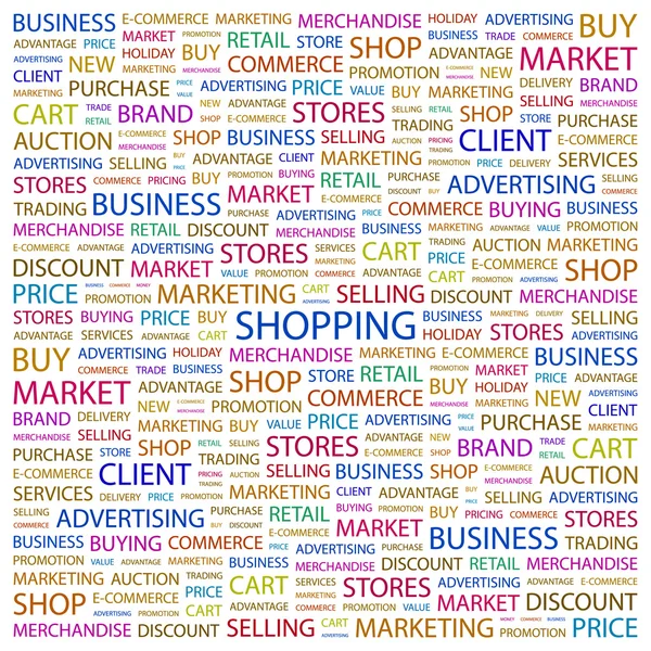 A fare shopping. Collage di parole su sfondo bianco — Vettoriale Stock