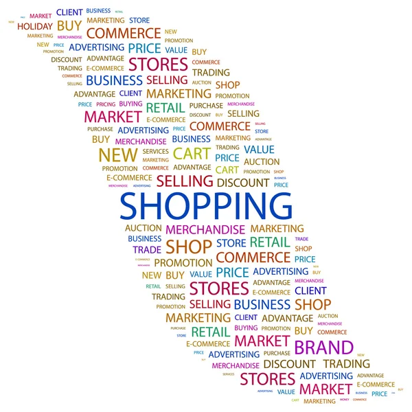 A fare shopping. Collage di parole su sfondo bianco — Vettoriale Stock