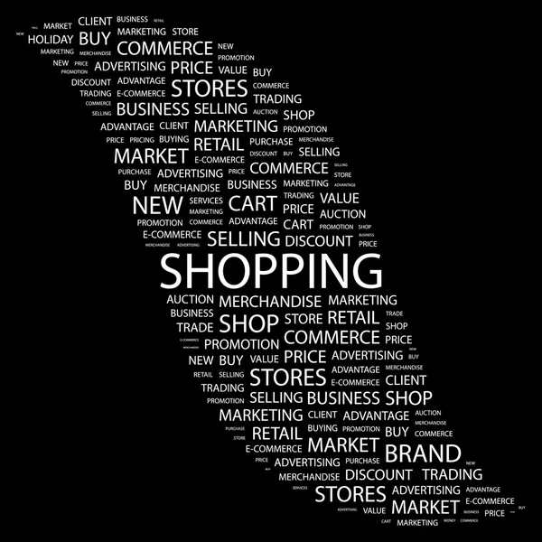 A fare shopping. Collage di parole su sfondo nero — Vettoriale Stock