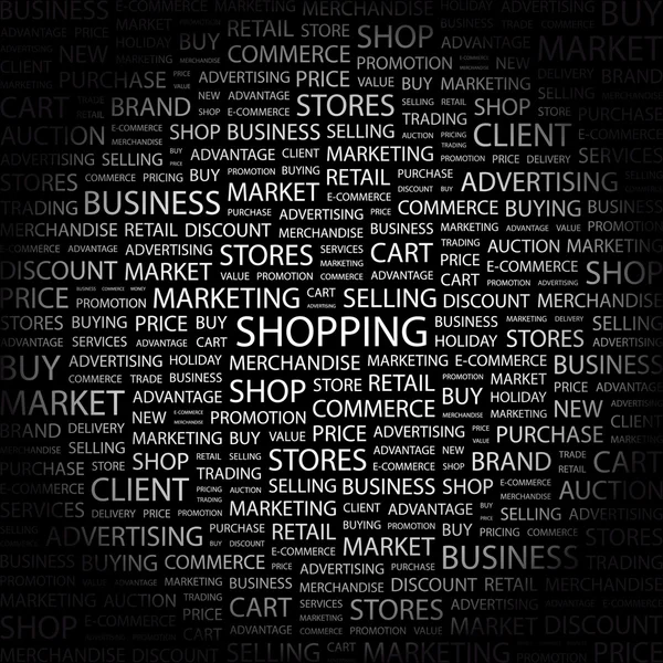Einkaufen. Wortcollage auf schwarzem Hintergrund — Stockvektor