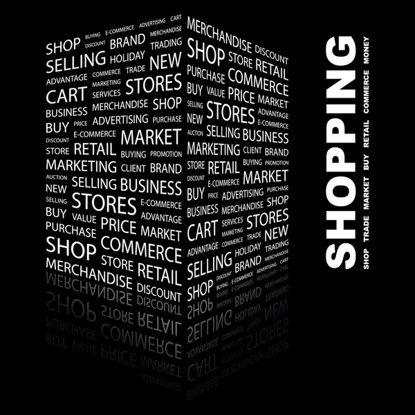 ショッピング。黒の背景に単語のコラージュ — ストックベクタ
