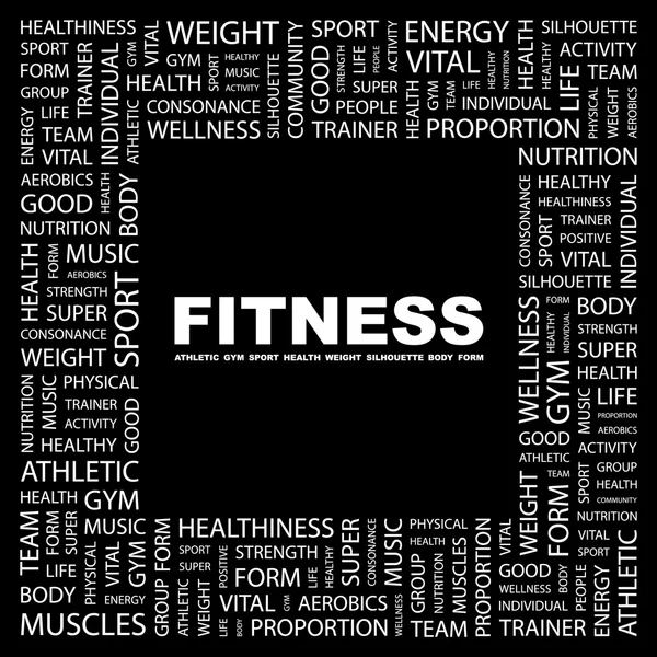 Fitness. Wortcollage auf schwarzem Hintergrund. — Stockvektor