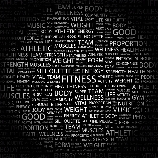 Fitness. Wortcollage auf schwarzem Hintergrund. — Stockvektor