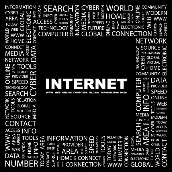 Internet. λέξη κολάζ σε μαύρο φόντο — Διανυσματικό Αρχείο