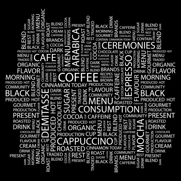 Kávé. Word kollázs-fekete háttér — Stock Vector