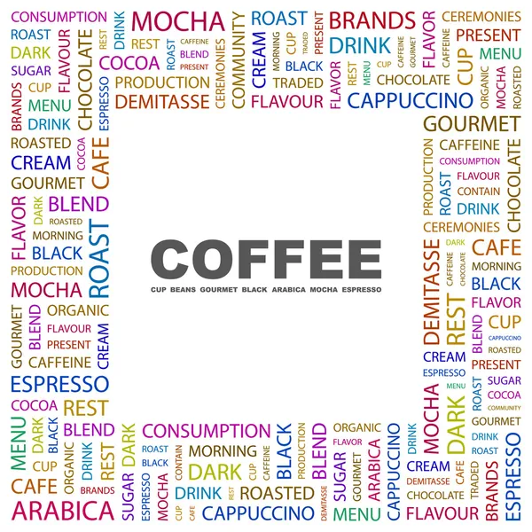 Koffie. woord collage op witte achtergrond — Stockvector