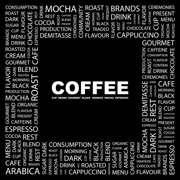コーヒー。黒の背景に単語のコラージュ — ストックベクタ