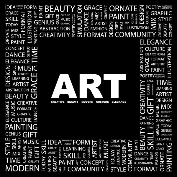 ART. Collage di parole su sfondo nero — Vettoriale Stock