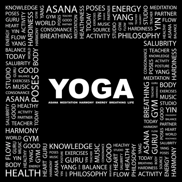 Yoga. Wortcollage auf schwarzem Hintergrund — Stockvektor