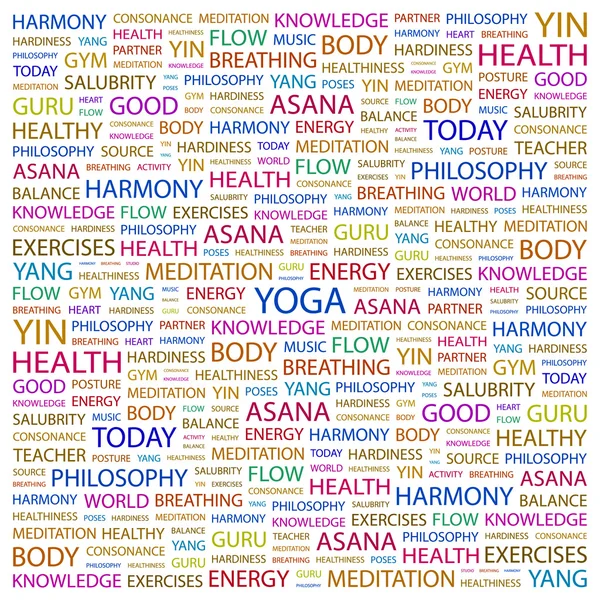 YOGA. Collage di parole su sfondo bianco — Vettoriale Stock