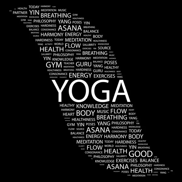 Yoga. woord collage op zwarte achtergrond — Stockvector