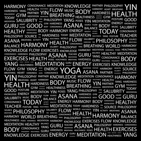 Yoga. siyah arka plan üzerinde kelime kolaj — Stok Vektör