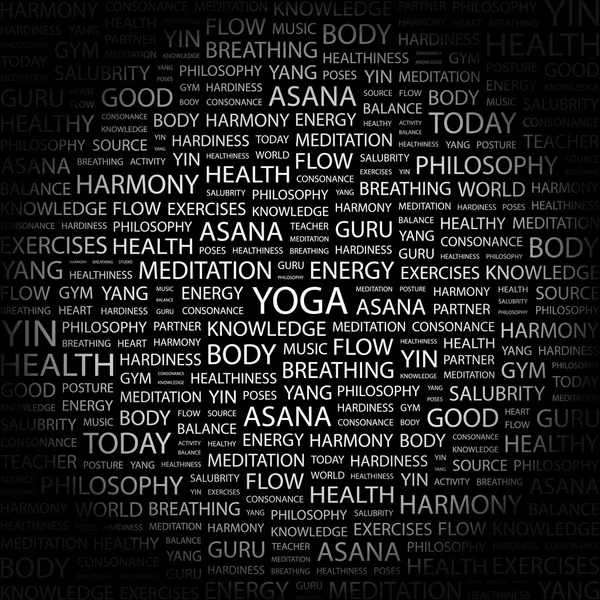 Yoga. Wortcollage auf schwarzem Hintergrund — Stockvektor