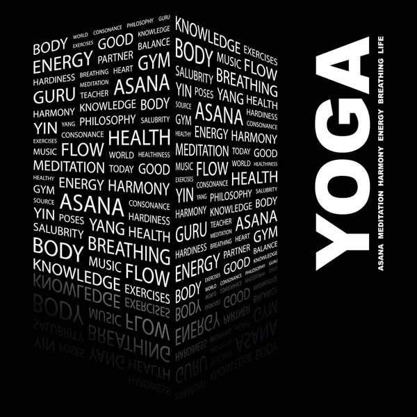 Yoga. woord collage op zwarte achtergrond — Stockvector