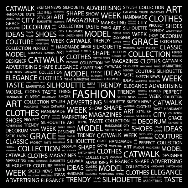 Alla moda. Collage di parole su sfondo nero — Vettoriale Stock