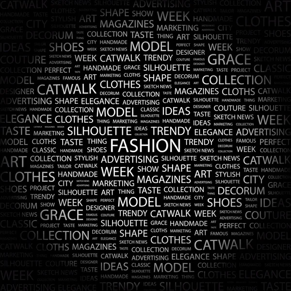Mode. woord collage op zwarte achtergrond — Stockvector