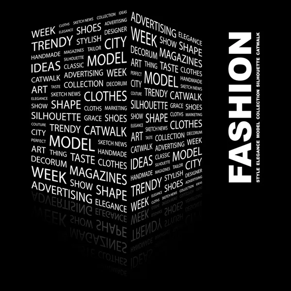 FASHION. Colagem de palavras no fundo preto — Vetor de Stock