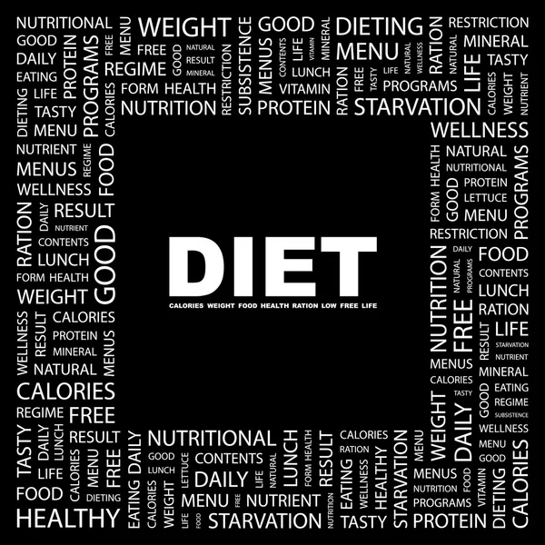 Dieta. collage palabra sobre fondo negro — Archivo Imágenes Vectoriales