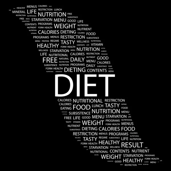 Dieta. Colagem de palavras no fundo preto — Vetor de Stock