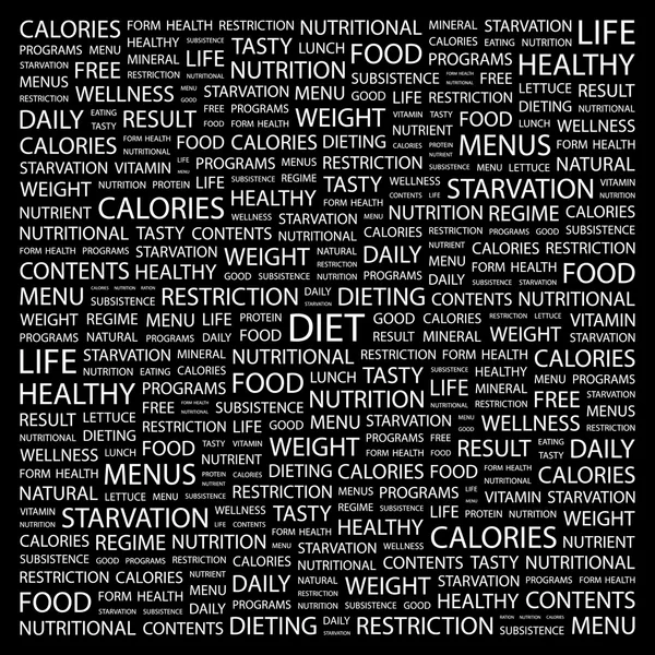 Dieta. collage palabra sobre fondo negro — Archivo Imágenes Vectoriales