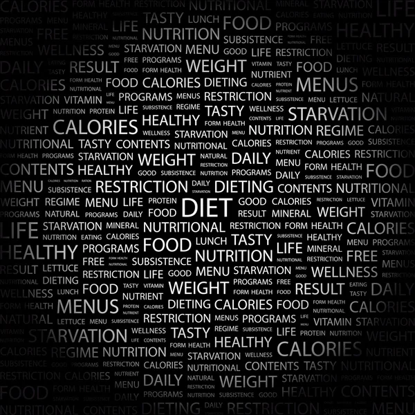 Dieta. collage palabra sobre fondo negro — Vector de stock