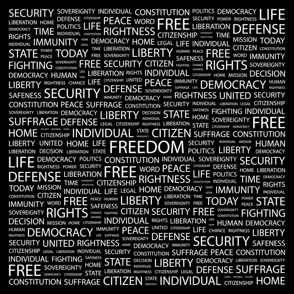 Vrijheid. woord collage op zwarte achtergrond — Stockvector