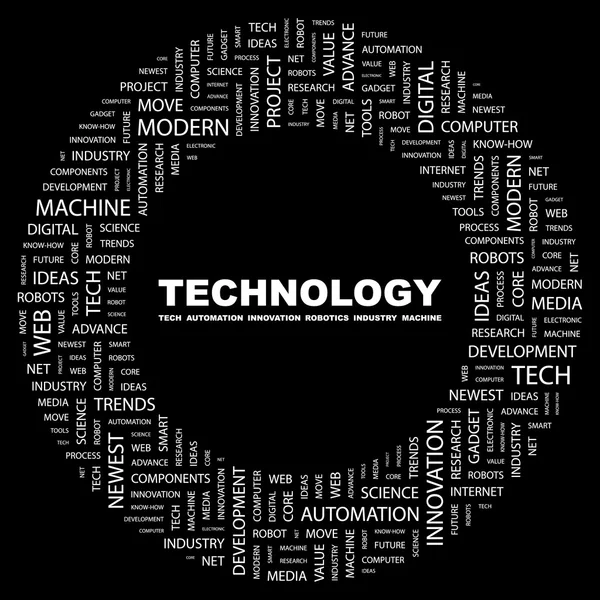 Technologie. woord collage op zwarte achtergrond — Stockvector