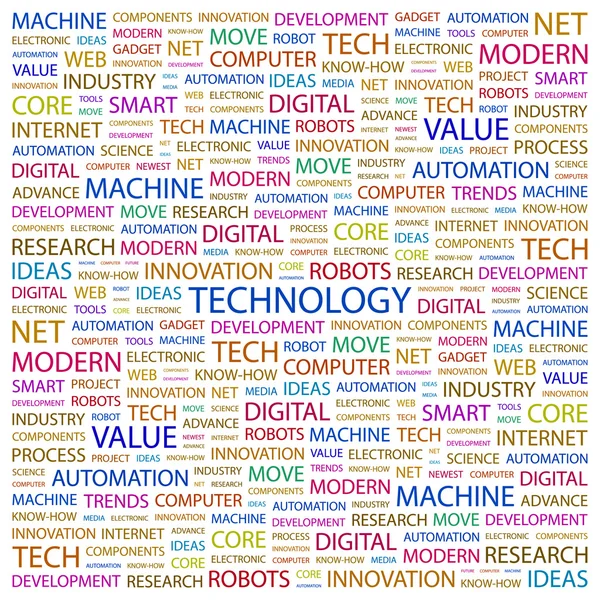 TECNOLOGIA. Collage di parole su sfondo bianco — Vettoriale Stock