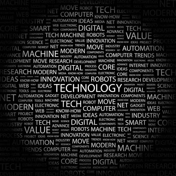 TECNOLOGIA. Colagem de palavras no fundo preto — Vetor de Stock