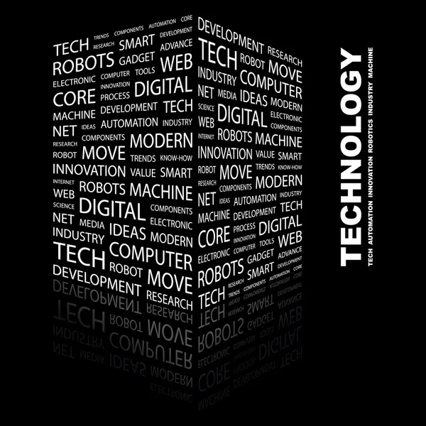 Technologie. woord collage op zwarte achtergrond — Stockvector