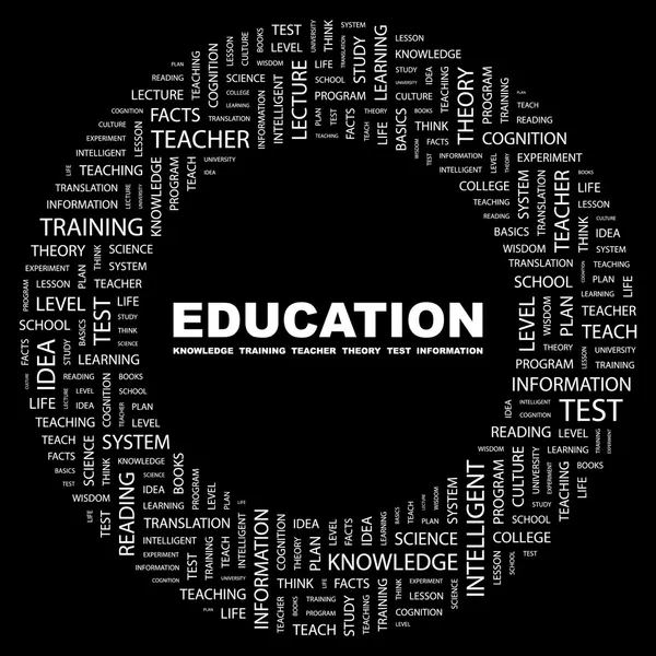 Εκπαίδευση. λέξη κολάζ σε μαύρο φόντο. — Διανυσματικό Αρχείο