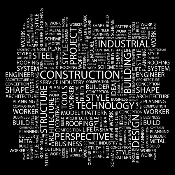 CONSTRUCCIÓN. collage palabra sobre fondo negro — Vector de stock