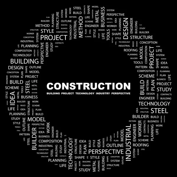 CONSTRUCTION. Word collage on black background — Stock Vector