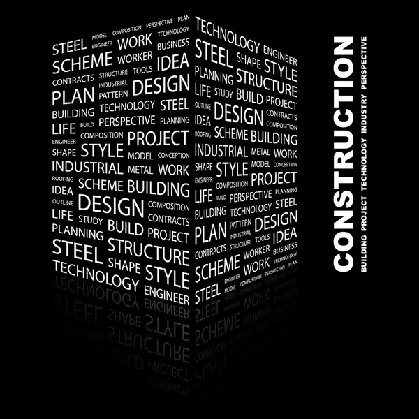CONSTRUCTION. Collage Word sur fond noir — Image vectorielle