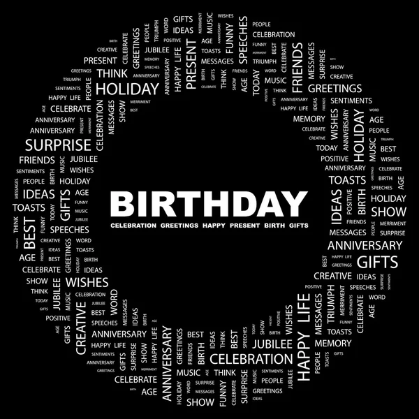 BIRTHDAY. Collage Word sur fond noir — Image vectorielle